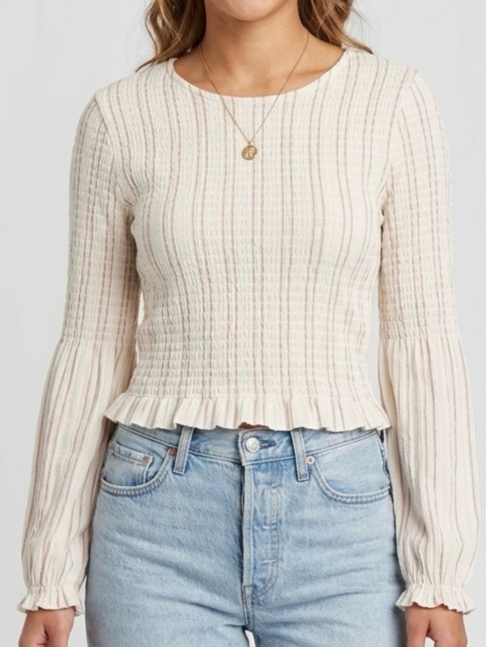 American Eagle Long Sleeve Smocked Crop Top in Cream with Stripe‎ Women’s Size M